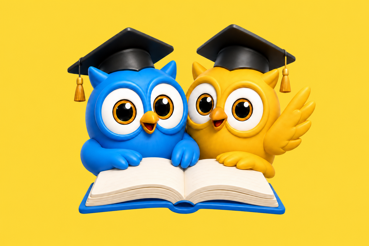 Blue and yellow owl students reading an open book together