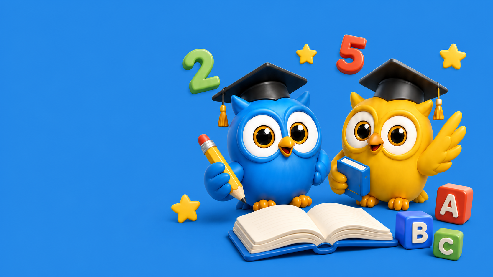 Blue and yellow owl students learning with a pencil, book, numbers, and alphabet blocks