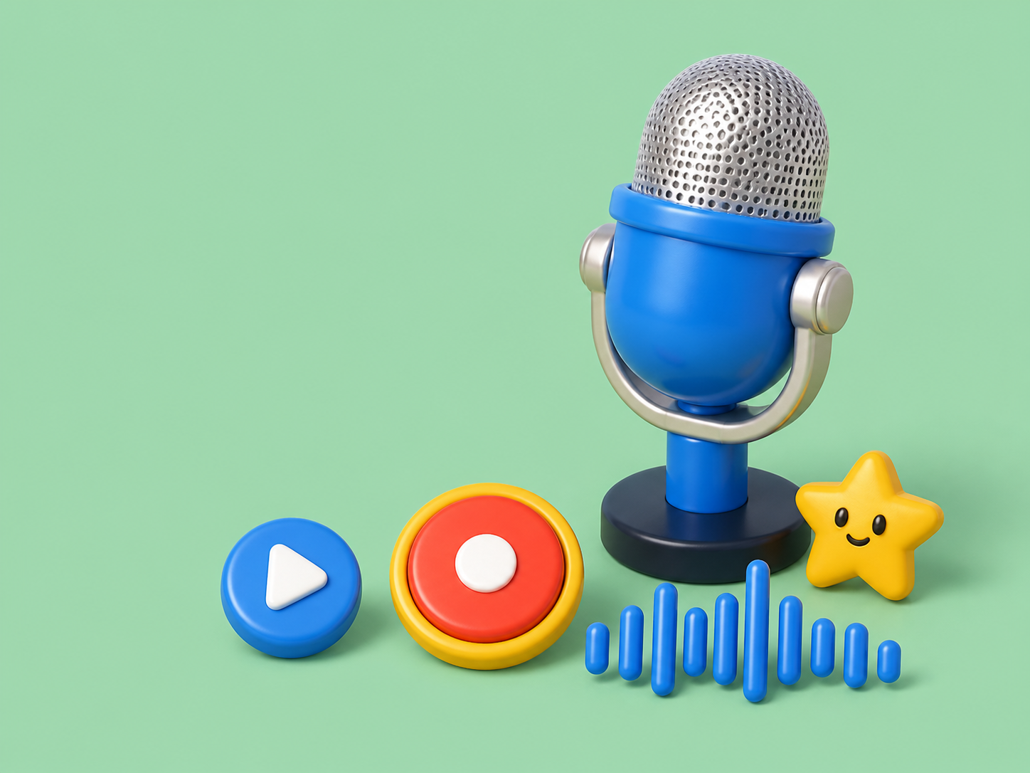 A blue microphone with play, record, waveform, and star learning toys